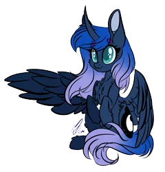 Size: 1826x1902 | Tagged: safe, artist:donnie-moon, derpibooru import, princess luna, pony, :3, beanbrows, big ears, cheek fluff, chest fluff, colored pupils, curved horn, cute, eye clipping through hair, eyebrows, eyebrows visible through hair, female, fluffy, horn, leg fluff, lunabetes, mare, signature, simple background, smiling, solo, transparent background
