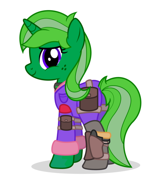 Size: 1219x1458 | Tagged: safe, artist:limedreaming, derpibooru import, oc, oc:lime dream, unofficial characters only, pony, unicorn, fallout equestria, backpack, bag, clothes, collar, female, freckles, gun, jumpsuit, looking at you, older, saddle bag, simple background, smiley face, sparkle cola, transparent background, weapon