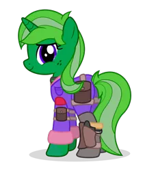 Size: 1219x1458 | Tagged: safe, artist:limedreaming, derpibooru import, oc, oc:lime dream, unofficial characters only, pony, unicorn, fallout equestria, backpack, bag, clothes, collar, female, freckles, gun, jumpsuit, looking at you, older, saddle bag, simple background, smiley face, sparkle cola, transparent background, weapon