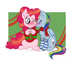 Size: 1280x1069 | Tagged: safe, artist:dippin-dott, derpibooru import, pinkie pie, rainbow dash, ask, blushing, chest fluff, chocolate, christmas sweater, clothes, cute, female, food, hot chocolate, lesbian, nuzzling, pinkiedash, scarf, shared clothing, shared scarf, shipping, smiling, snuggling, socks, striped socks, sweater, tumblr