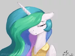 Size: 1200x900 | Tagged: safe, artist:amarynceus, deleted from derpibooru, derpibooru import, princess celestia, alicorn, pony, female, gray background, looking down, mare, signature, simple background, solo