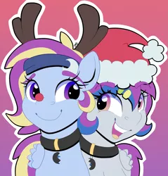 Size: 3821x4000 | Tagged: safe, artist:partylikeanartist, derpibooru import, oc, oc:aerial soundwaves, oc:serene soundwaves, pony, animal costume, antlers, choker, christmas, clothes, costume, female, hairclip, hat, headband, holiday, ponyvillefm, red nose, reindeer antlers, reindeer costume, santa hat, siblings, sisters