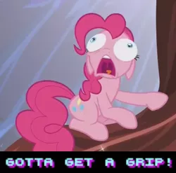 Size: 728x720 | Tagged: safe, derpibooru import, edit, edited screencap, screencap, pinkie pie, pony, the one where pinkie pie knows, caption, eye bulging, faic, gotta get a grip, hotline miami, hotline miami 2, image macro, meme, open mouth, solo, text