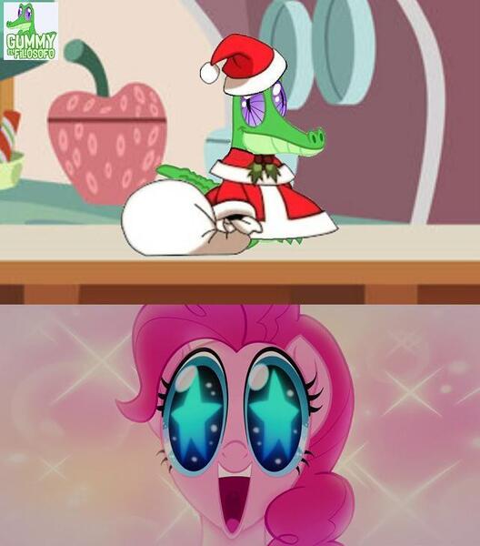 Size: 641x728 | Tagged: safe, derpibooru import, edit, edited screencap, screencap, gummy, pinkie pie, earth pony, pony, bipedal, christmas, clothes, costume, cute, diapinkes, female, happy, hat, holiday, holly, mare, meme, merry christmas, open mouth, padoru, santa claus, santa costume, smiling, sparkles, starry eyes, uvula, wingding eyes