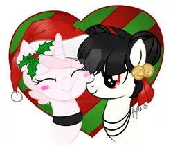 Size: 900x761 | Tagged: safe, artist:flufflesauce, artist:mayrinmewmew, derpibooru import, oc, oc:cashmere button, oc:jasmine ink, unofficial characters only, pony, christmas, couple, cute, female, group, holiday, lesbian, lgbt, lgbtq, nuzzling, obtrusive watermark, oc couple, watermark