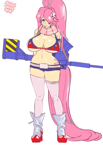 Size: 691x979 | Tagged: suggestive, artist:pornomagnum, derpibooru import, fluttershy, bat pony, human, big breasts, bikini, bikini top, boots, breasts, busty fluttershy, clothes, crossover, cutie mark on human, erect nipples, female, flutterbat, gun, hair over one eye, high heel boots, hot pants, huge breasts, humanized, nipple outline, race swap, rifle, shoes, simple background, socks, solo, solo female, stockings, swimsuit, tengen toppa gurren lagann, thigh highs, weapon, white background, yoko littner