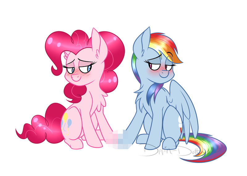 Size: 1280x908 | Tagged: safe, artist:dippin-dott, derpibooru import, pinkie pie, rainbow dash, earth pony, pegasus, pony, blushing, censored, chest fluff, female, holding hooves, hoof touching, lesbian, looking at each other, mare, pinkiedash, shipping, simple background, sitting, smiling, unnecessary censorship, very fucking necessary censorship, white background