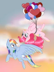 Size: 1280x1692 | Tagged: safe, artist:dippin-dott, derpibooru import, pinkie pie, rainbow dash, earth pony, pony, balloon, cloud, female, floating, flying, lesbian, looking at each other, pinkiedash, shipping, smiling, spread wings, then watch her balloons lift her up to the sky, tongue out, wings