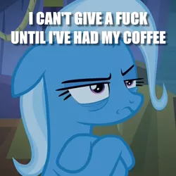 Size: 1078x1078 | Tagged: safe, derpibooru import, trixie, pony, caption, crossed hooves, grumpy, image macro, meme, morning ponies, no fucks, solo, text, trixie yells at everything, vulgar