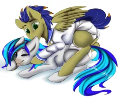 Size: 4000x3200 | Tagged: suggestive, artist:athenawhite, derpibooru import, oc, oc:hooklined, unofficial characters only, pegasus, pony, biting, clothes, commission, diaper, digital art, ear bite, gay, high res, male, oc x oc, shipping, stallion, ych result