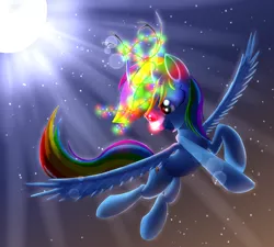 Size: 4000x3600 | Tagged: safe, artist:sweetbrew, derpibooru import, rainbow dash, pony, antlers, christmas, christmas lights, flying, holiday, lens flare, night, reindeer dash, rudolph dash, rudolph nose, solo, spread wings, wings