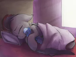 Size: 1200x897 | Tagged: safe, artist:blvckmagic, derpibooru import, oc, oc:blitz streak, pony, bed, blanket, cute, laying on bed, male, on bed, pillow, plushie, sleeping, snuggling