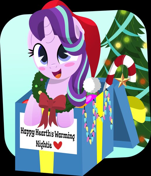 Size: 3531x4096 | Tagged: safe, artist:jhayarr23, derpibooru import, starlight glimmer, pony, unicorn, blushing, box, christmas, christmas tree, cute, gift art, glimmerbetes, hat, holiday, pony in a box, present, santa hat, solo, tree