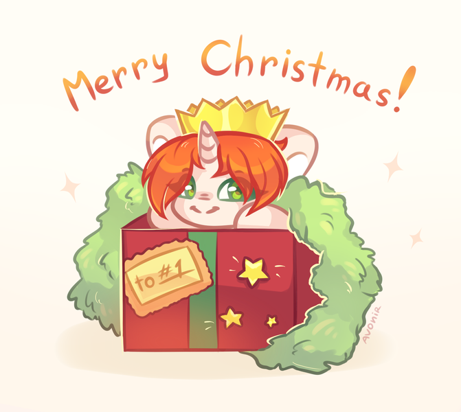 Size: 1500x1342 | Tagged: safe, artist:avonir, derpibooru import, oc, oc:etoz, unofficial characters only, pony, unicorn, box, chibi, christmas, crown, cute, female, green eyes, holiday, jewelry, mare, merry christmas, orange hair, regalia, smiling, stars, text