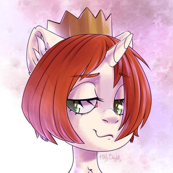 Size: 3000x3000 | Tagged: safe, artist:hollybright, derpibooru import, oc, oc:etoz, unofficial characters only, pony, unicorn, bust, crown, female, food, green eyes, jewelry, mare, orange, regalia, smiling, smirk