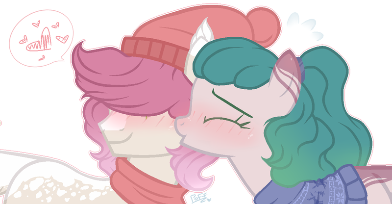 Size: 1301x676 | Tagged: safe, artist:harusocoma, derpibooru import, oc, unofficial characters only, earth pony, pony, base used, clothes, female, kissing, male, mare, oc x oc, scarf, shipping, snow cap, stallion, straight