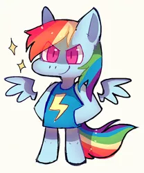 Size: 676x814 | Tagged: safe, artist:cappydarn, derpibooru import, rainbow dash, pegasus, pony, semi-anthro, arm hooves, clothes, floating wings, hooves on hips, simple background, solo, white background, wings