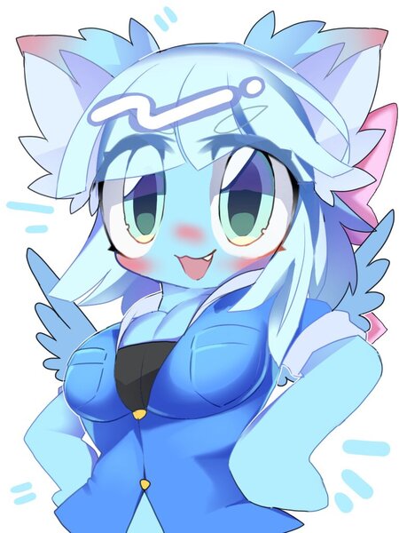 Size: 768x1024 | Tagged: :3, anthro, arm hooves, artist:lavender_1227, bandeau, blushing, breasts, cleavage, clothes, cute, cute little fangs, derpibooru import, ear fluff, fangs, female, hooves on hips, looking at you, oc, pegasus, safe, shirt, simple background, solo, unofficial characters only, white background