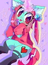 Size: 768x1024 | Tagged: safe, artist:lavender_1227, derpibooru import, oc, unofficial characters only, pony, unicorn, :3, abstract background, bells, big eyes, candy, clothes, ear fluff, food, glowing horn, horn, lollipop, magic, socks, solo, sweater, telekinesis, thigh highs, tongue out