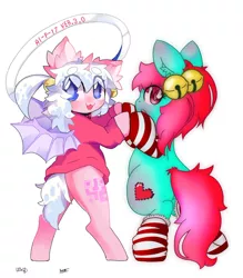 Size: 1050x1200 | Tagged: safe, artist:lavender_1227, derpibooru import, oc, unofficial characters only, pony, :3, bat wings, bells, bipedal, clothes, duo, ear fluff, looking at you, looking back, looking back at you, simple background, socks, striped socks, sweater, white background, wings