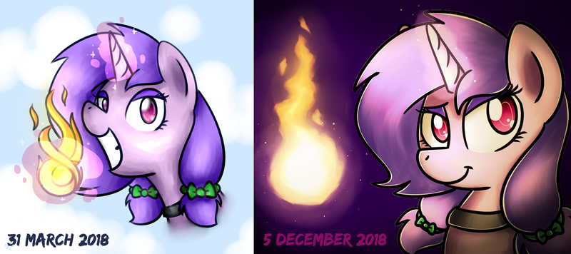 Size: 2304x1024 | Tagged: safe, artist:sugar morning, derpibooru import, oc, oc:flashy stomp, unofficial characters only, pony, unicorn, bust, comparison, draw this again, female, fire, grin, magic, mare, portrait, redraw, ribbon, sky, smiling