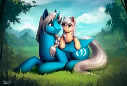 Size: 1600x1091 | Tagged: safe, artist:l1nkoln, derpibooru import, oc, oc:auralia, oc:blue light, unofficial characters only, alicorn, pony, alicorn oc, commission, female, filly, grass, horn, mare, prone, size difference, smiling, tree, wings