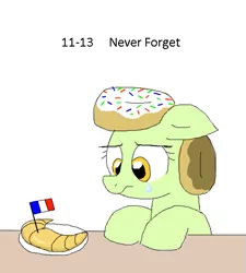 Size: 485x540 | Tagged: safe, artist:askdonutstoles, derpibooru import, oc, oc:donut stoles, unofficial characters only, earth pony, pony, tumblr:ask donut stoles, bread, croissant, crying, female, flag, floppy ears, food, france, looking at something, mare, never forget, plate, sad, simple background, solo, stand with paris, white background
