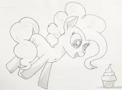 Size: 2928x2167 | Tagged: safe, artist:adjierakapangestu, derpibooru import, pinkie pie, earth pony, pony, cupcake, female, food, jumping, solo, traditional art