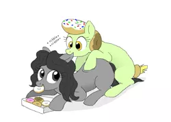 Size: 829x590 | Tagged: safe, artist:askdonutstoles, derpibooru import, oc, oc:donut stoles, oc:nikita, unofficial characters only, earth pony, pony, tumblr:ask donut stoles, biting, donut, drool, duo, ear bite, eating, female, food, looking back, mare, nibbling, onomatopoeia, prone, simple background, smiling, white background