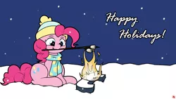 Size: 1920x1080 | Tagged: safe, artist:ljdamz1119, derpibooru import, pinkie pie, earth pony, pony, beanie, campfire, clothes, female, fire, food, hat, mare, marshmallow, scarf, sitting, smiling, snow, snowfall, solo, stick, tumblr, tumblr 2018 nsfw purge, winter outfit