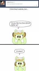 Size: 645x1187 | Tagged: safe, artist:askdonutstoles, derpibooru import, oc, oc:donut stoles, unofficial characters only, earth pony, pony, tumblr:ask donut stoles, 2 panel comic, ask, comic, dialogue, donut, female, food, looking at you, mare, open mouth, simple background, smiling, solo, tumblr, white background