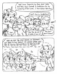 Size: 849x1100 | Tagged: alicorn, anthro, applejack, artist:circe, black and white, blushing, breasts, comic, comic:soreloser, derpibooru import, fluttershy, grayscale, imminent spanking, inspector jacques clouseau, marx brothers, monochrome, oc, oc:eaststern, pinkie pie, rainbow dash, spanking, suggestive, traditional art, twilight sparkle, twilight sparkle (alicorn), unguligrade anthro