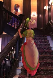 Size: 501x731 | Tagged: safe, alternate version, artist:sa-eku, derpibooru import, applejack, rainbow dash, equestria girls, appledash, clothes, dress, female, lesbian, shipping, stairs