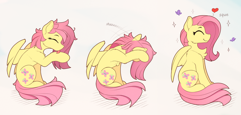 Size: 2580x1235 | Tagged: safe, artist:yakovlev-vad, derpibooru import, fluttershy, butterfly, pegasus, pony, behaving like a cat, cheek fluff, chest fluff, cute, daaaaaaaaaaaw, eyes closed, female, floating heart, fluffy, gray background, grooming, happy, heart, high res, hnnng, leg fluff, licking, mare, messy mane, mlem, onomatopoeia, precious, profile, raised hoof, rubbing, shoulder fluff, shyabetes, side view, silly, simple background, sitting, smiling, solo, sparkles, spread wings, squee, tongue out, weapons-grade cute, wings, yakovlev-vad is trying to murder us