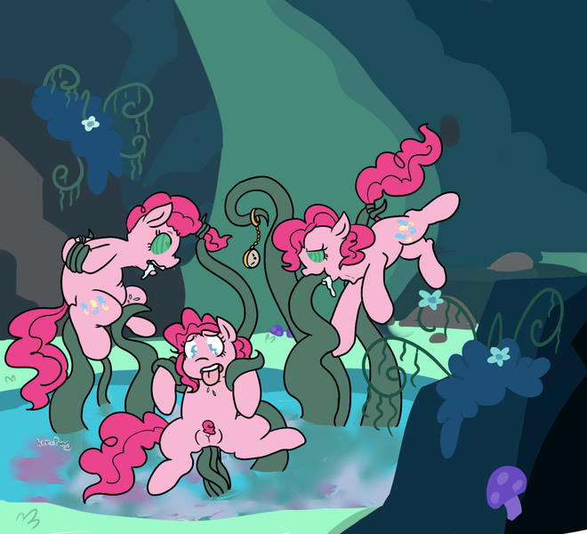 Size: 1280x1164 | Tagged: explicit, artist:her-pony, derpibooru import, pinkie pie, pony, too many pinkie pies, anal, arm behind back, bondage, cave, cave pool, clone, clones, drool, hypnosis, image, mirror pool, multiple penetration, nudity, penetration, pinkie clone, png, pocket watch, pubic hair, sex, swirly eyes, tail, tail pull, tentacle blowjob, tentacle bondage, tentacle porn, tentaclepie, tentacles, tongue out, vulva