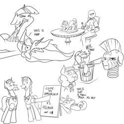 Size: 1280x1280 | Tagged: semi-grimdark, artist:anontheanon, derpibooru import, apple bloom, flam, flim, princess celestia, scootaloo, twilight sparkle, zecora, oc, oc:anon, alicorn, earth pony, pony, unicorn, black and white, dialogue, dock, eyes closed, female, fetish, flim flam brothers, floppy ears, grayscale, hard vore, lineart, male, mare, monochrome, nazi, open mouth, presenting, sign, simple background, sketch, stallion, tongue out, twipred, vore, white background
