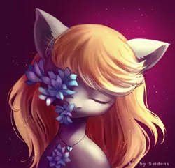 Size: 1282x1238 | Tagged: safe, artist:saidens, derpibooru import, oc, oc:silver hush, unofficial characters only, earth pony, pony, blonde hair, blonde mane, bust, commission, digital art, ear fluff, eyes closed, female, flower, gradient background, head tilt, jewelry, mare, necklace, portrait, signature, solo, ych result