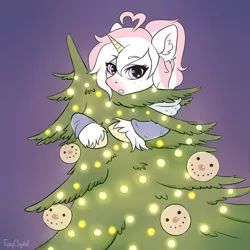 Size: 2000x2000 | Tagged: safe, artist:furrycrystal, derpibooru import, oc, unofficial characters only, pony, unicorn, christmas, christmas tree, clothes, commission, digital art, female, gradient background, high res, holiday, looking at you, mare, signature, simple background, solo, sweater, tree, ych result