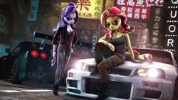 Size: 15360x8640 | Tagged: safe, artist:calveen, derpibooru import, starlight glimmer, sunset shimmer, anthro, plantigrade anthro, unicorn, 3d, absurd resolution, alternate hairstyle, aviator glasses, badass, breasts, car, chinese text, cigarette, cleavage, clothes, duo, duo female, eyebrows, female, glasses, hand on hip, jeans, lens flare, looking at you, neon, nissan, nissan gt-r, nissan skyline, pants, road, shoes, sign, signature, sitting, slasher smile, smiling, smoke, smoking, source filmmaker, tail, wallpaper