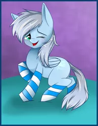 Size: 2172x2800 | Tagged: safe, artist:kamisha, derpibooru import, oc, oc:arctic breeze, unofficial characters only, pegasus, pony, clothes, commission, digital art, female, folded wings, high res, mare, one eye closed, open mouth, signature, socks, solo, striped socks, wings, wink, ych result