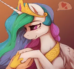 Size: 1280x1195 | Tagged: safe, artist:blackkaries, derpibooru import, princess celestia, alicorn, human, pony, cute, cutelestia, female, gradient background, hand, heart, holding hooves, hoof shoes, human on pony hoof holding, mare, offscreen character, peytral, pictogram