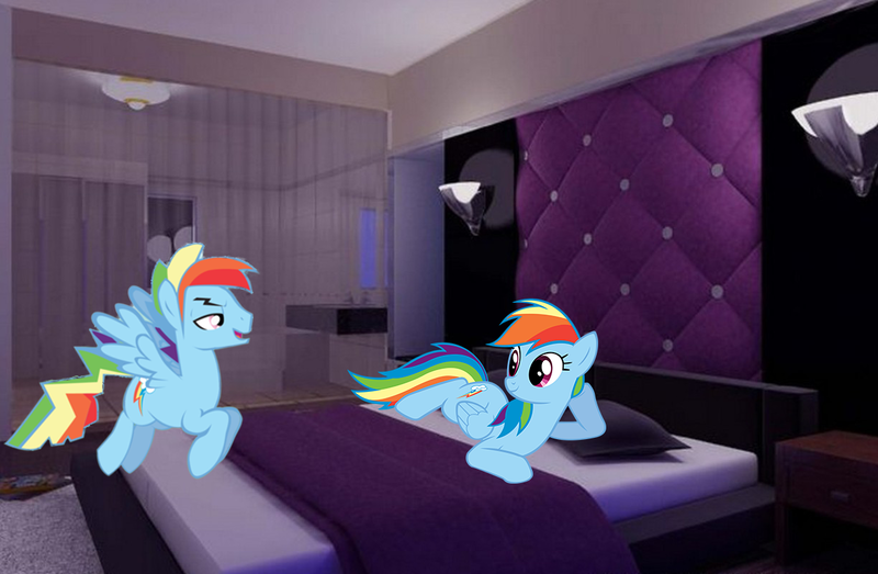 Size: 1224x800 | Tagged: safe, artist:kayman13, derpibooru import, rainbow dash, pegasus, pony, bedroom, dashblitz, duo, female, irl, male, photo, ponies in real life, rainbow blitz, rule 63, self ponidox, selfcest, shipping, straight