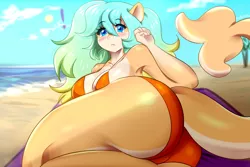 Size: 3000x2000 | Tagged: anthro, anthro oc, armpits, artist:kaikururu, beach, bikini, blushing, breasts, clothes, derpibooru import, female, looking at you, looking back, mare, oc, oc:summer day, pale belly, sea pony, sky, solo, solo female, suggestive, swimsuit, unofficial characters only