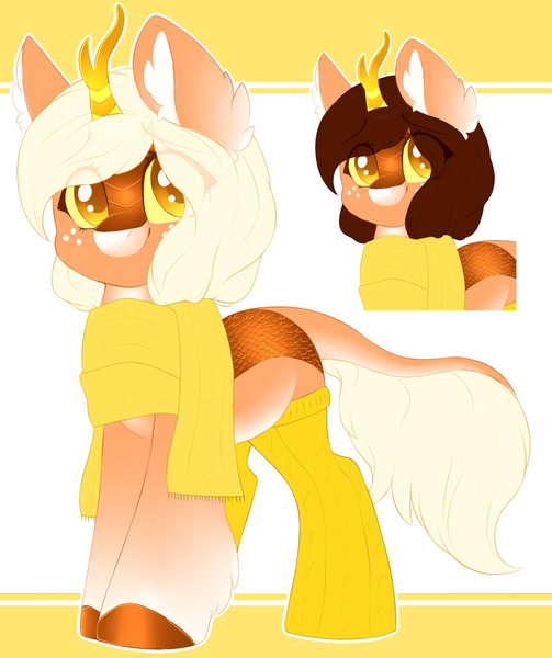 Size: 1074x1280 | Tagged: safe, artist:adostume, derpibooru import, oc, pony, adoptable, clothes, freckles, horn, image, kirin oc, looking at you, png, reference sheet, scales, scarf, socks, solo, stockings, thigh highs