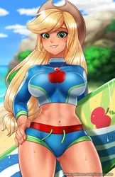 Size: 750x1160 | Tagged: safe, artist:racoonsan, derpibooru import, applejack, equestria girls, equestria girls series, forgotten friendship, abs, adorasexy, applejack's hat, applejacked, beach, belly button, big breasts, breasts, busty applejack, clothes, cowboy hat, cute, female, freckles, geode of super strength, hat, jackabetes, jewelry, looking at you, magical geodes, midriff, muscles, necklace, ocean, sand, sexy, solo, stupid sexy applejack, surfboard, swimsuit, thighs