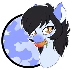 Size: 1280x1239 | Tagged: safe, artist:mynder, derpibooru import, oc, oc:mitzy, unofficial characters only, bat pony, pony, food, fruit, lidded eyes, mango, mouth hold, solo