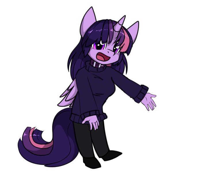 Size: 2380x1908 | Tagged: alicorn, anthro, artist:duop-qoub, clothes, collar, derpibooru import, descended twilight, female, looking at you, open mouth, pants, safe, shoes, simple background, smiling, solo, sweater, tumblr, tumblr 2018 nsfw purge, twilight sparkle, twilight sparkle (alicorn), white background