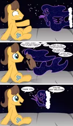 Size: 2891x5000 | Tagged: safe, artist:badumsquish, derpibooru import, caramel, oc, oc:lacuna, earth pony, pony, satyr, bait and switch, bashful, clothes, comic, dialogue, dream walker, duo, everything went better than expected, eye contact, female, floating, freckles, grin, happy, interspecies offspring, looking at each other, male, offspring, open mouth, parent:oc:anon, parent:oc:generic messy hair anime anon, parent:tantabus, partial nudity, scared, shoulder freckles, sitting, smiling, strategically covered, topless