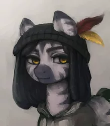 Size: 2448x2796 | Tagged: safe, artist:moru, derpibooru import, oc, oc:indikashigo, unofficial characters only, zebra, beanie, clothes, dreadlocks, feather, hat, hoodie, looking at you, solo, traditional art