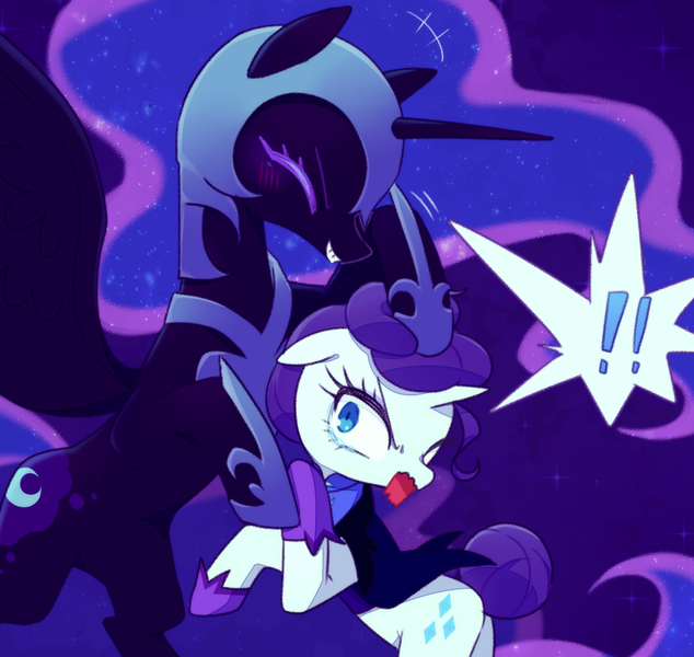Size: 1280x1212 | Tagged: safe, artist:kkmrarar, derpibooru import, nightmare moon, rarity, alicorn, pony, unicorn, alternate timeline, clothes, duo, duo female, exclamation point, eyes closed, female, grin, helmet, lesbian, mare, night maid rarity, nightmare takeover timeline, nightrarity, noogie, shipping, shoes, smiling, startled, teary eyes